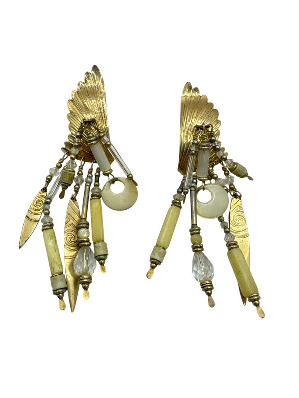Vintage Tabra 14K GF White Bone Cream Dangle Chandelier Feather Earrings 3.5”